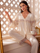 Contrast Embroidered Mesh Ruffle Pajama Set Womens Lingerie